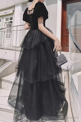 Ball Gown Black Prom Dress With Puffy Sleeves Long Prom Dresses
